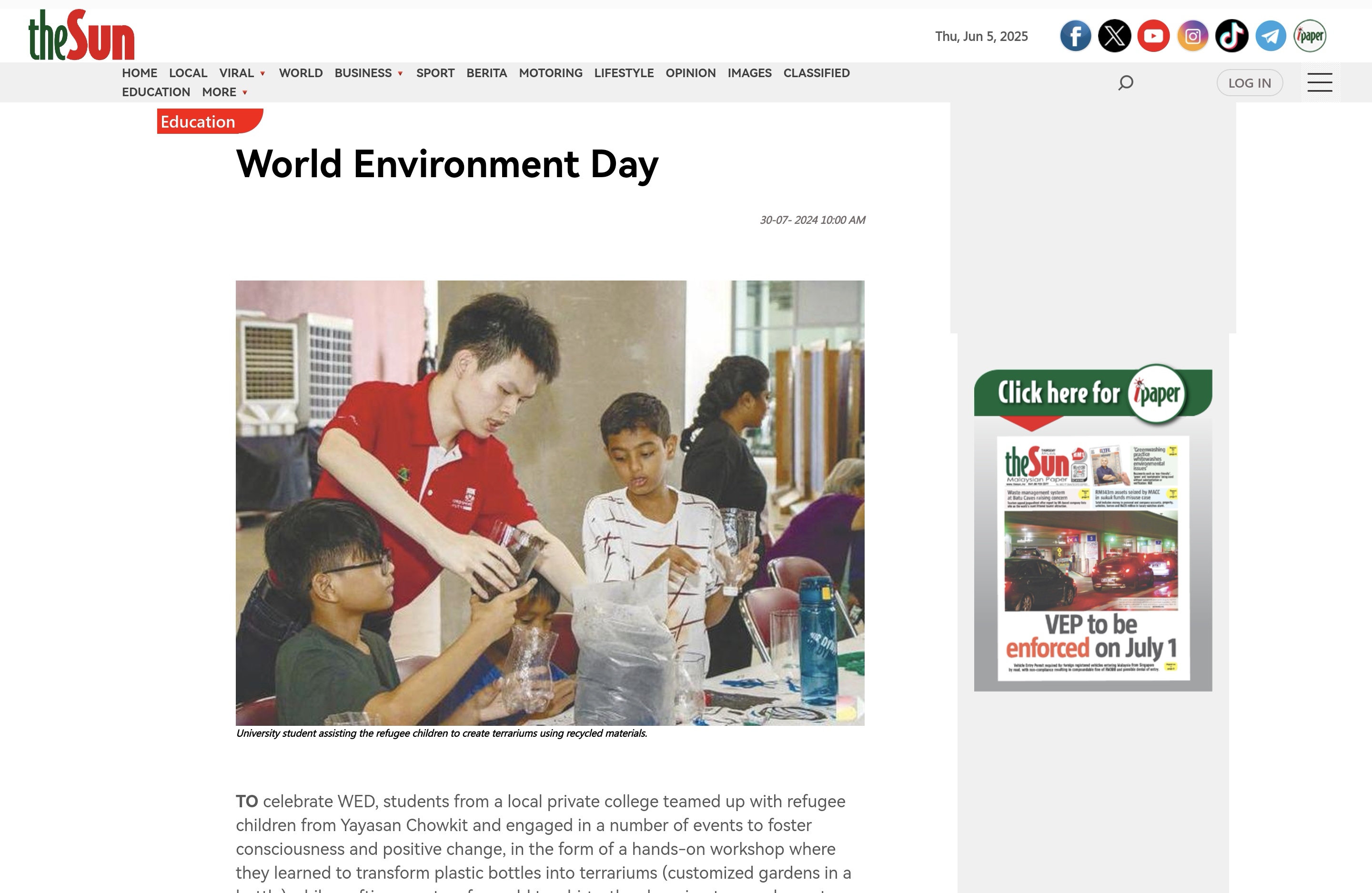 The event is featured in The Sun newspaper in conjunction with World Environment Day